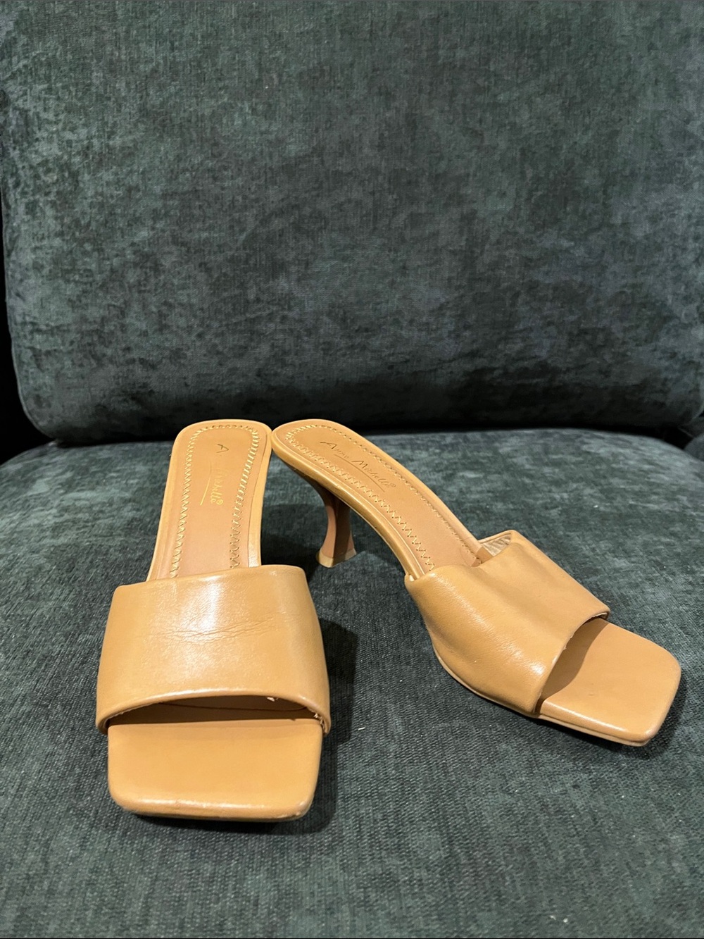 Anne Michelle Tan Open-Toe Square Mule Heels